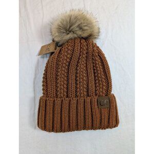 C.C one size fits most beanie in color clay with faux fur pom fuzzy lining O3